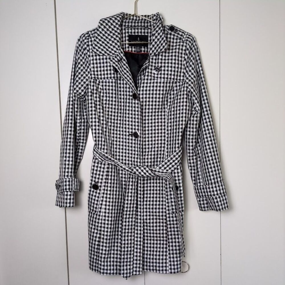 London Fog Women's S Small Black White Long Plaid Trench Coat Tie